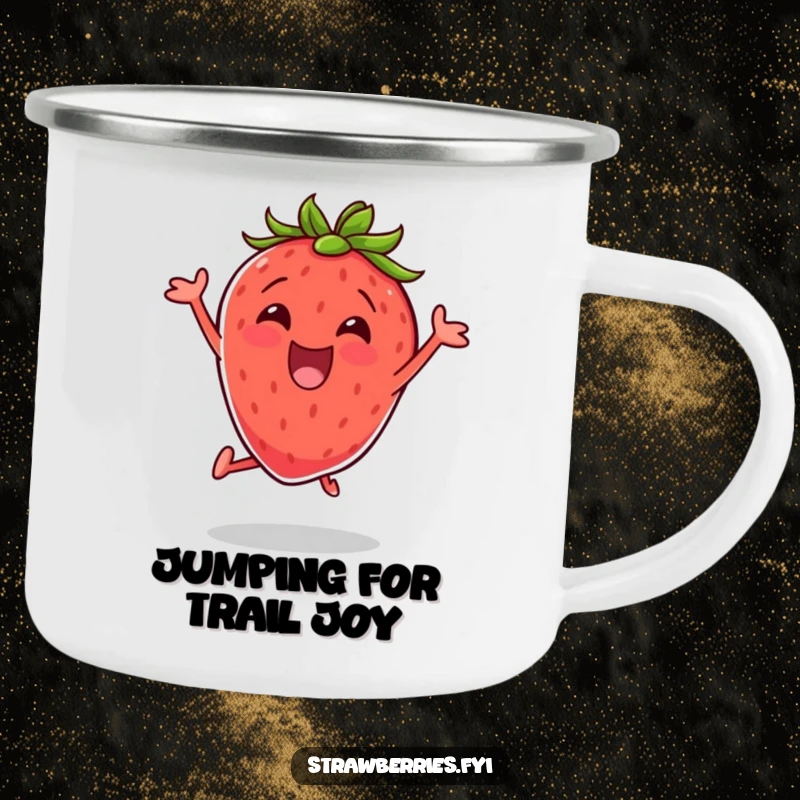 Funny camping mug with an excited strawberry doing a jumping jack, perfect for enjoying drinks outdoors with a burst of energetic humor.