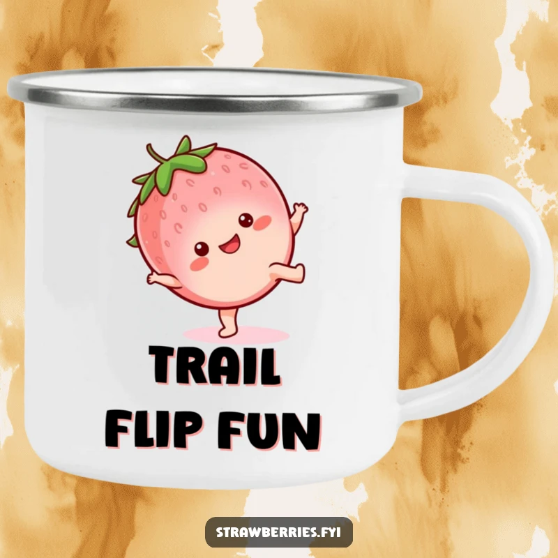 Funny Camping Mug: Kawaii strawberry character happily performing a cartwheel, ready for outdoor fun and cheerful moments.
