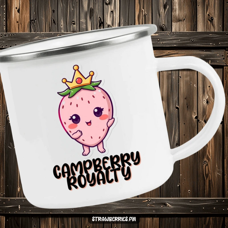 Funny kawaii strawberry character wearing a tiny crown, posing regally on this durable camping mug.