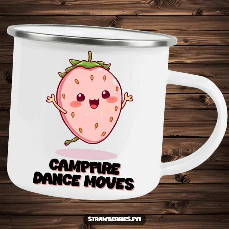 Funny Camping Mug: Kawaii strawberry character performing a silly dance outdoors, seeds wobbling, ready for fun and adventure.