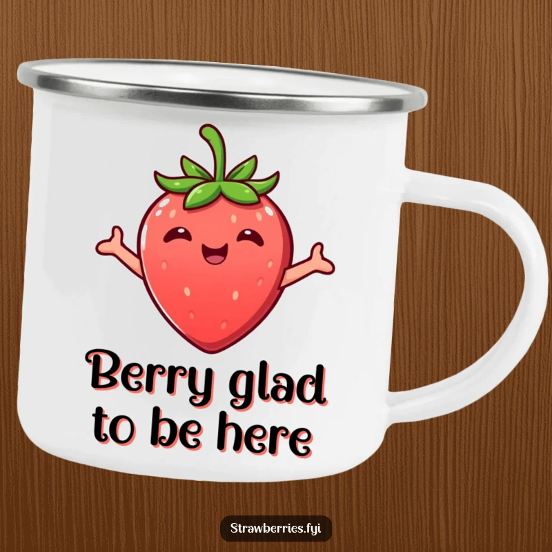 Funny Kawaii strawberry character offering a happy embrace on a rustic camping mug, great for outdoors.