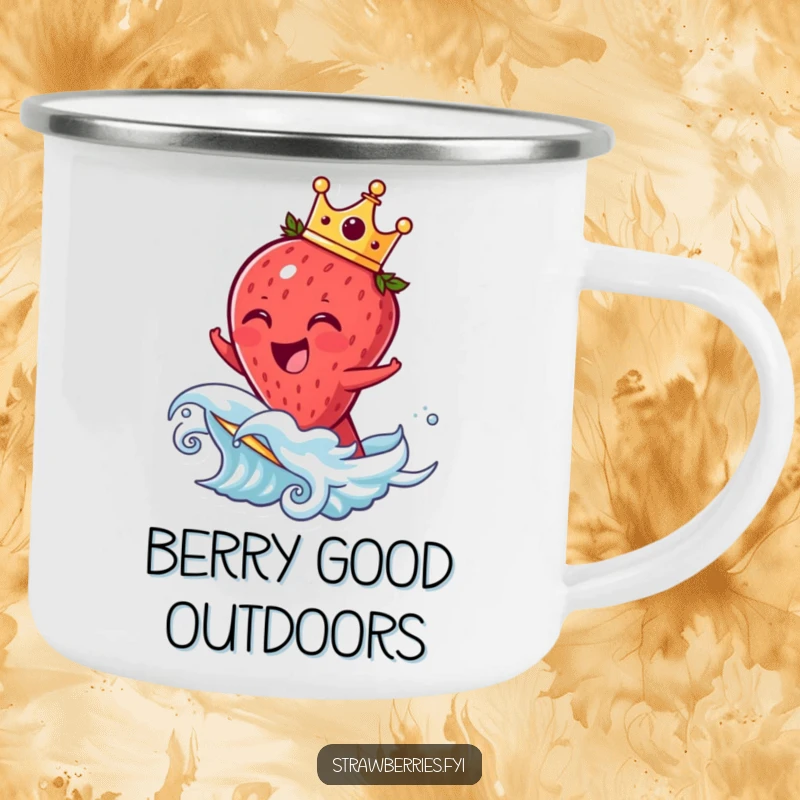 Funny strawberry camping mug showing a laughing crowned fruit character riding a wave, humorous and durable for outdoor trips.