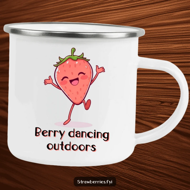Funny Silly Dance Strawberry Camping Mug: A joyful strawberry doing a funny dance, designed for outdoor entertainment.