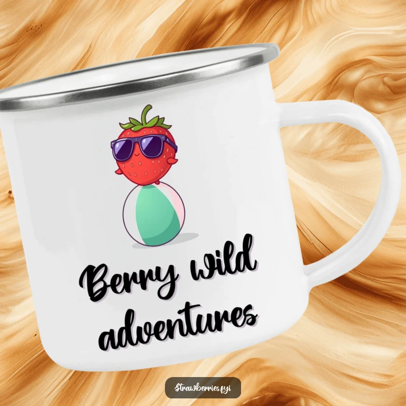 Funny strawberry character with sunglasses balancing on a beach ball, a durable camping mug for outdoor humor.
