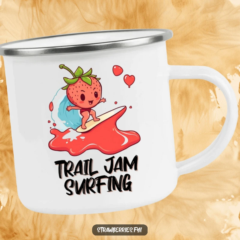 Funny Camping Mug: A strawberry surfing a jam wave, perfect for sharing a smile on outdoor excursions with a sticky theme.