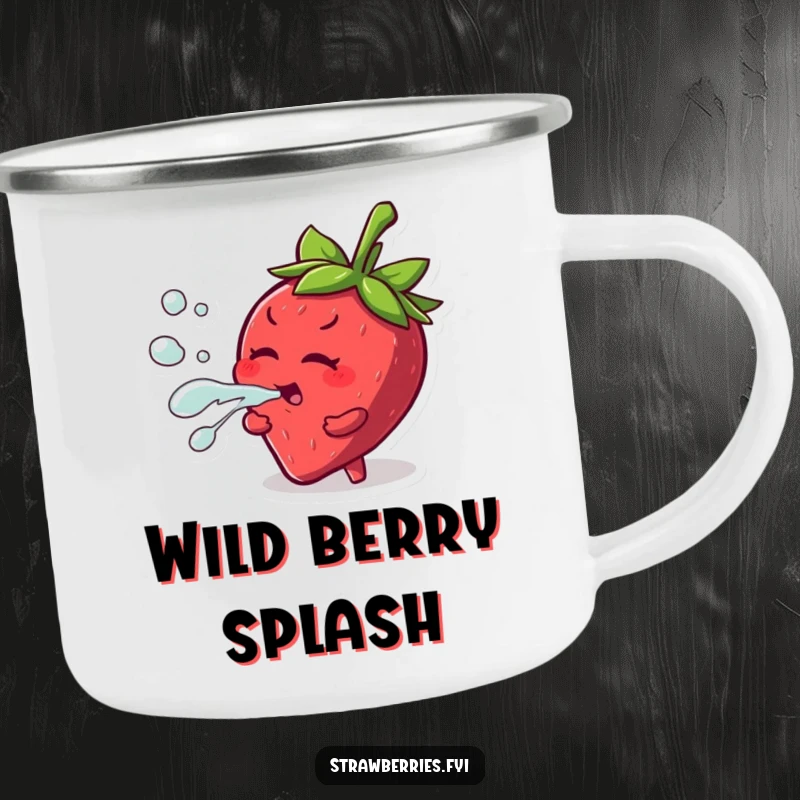 Funny camping mug featuring a mischievous strawberry character playfully squirting juice, perfect for outdoor fruity fun.