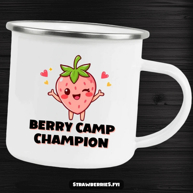 Funny camping mug featuring a strawberry character in a celebratory pose with a wink, perfect for victorious outdoor sips.