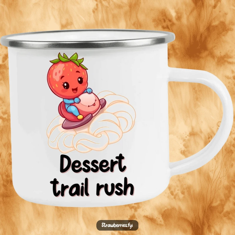 Funny Camping Mug: A strawberry zipping down a whipped cream ramp, perfect for sharing a smile on outdoor excursions.
