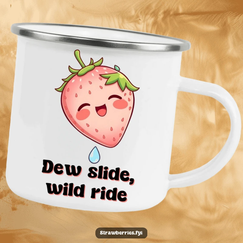 Funny camping mug illustrating a laughing strawberry character sliding down a dew drop, perfect for outdoor adventures and laughter.