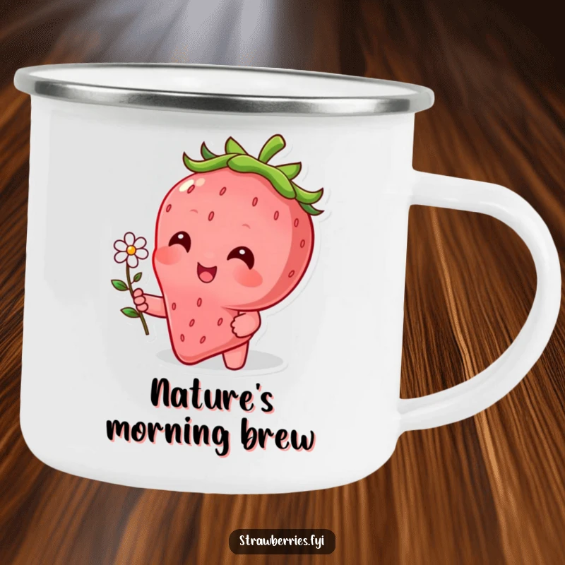 Funny camping mug with a beaming strawberry character presenting a tiny flower, ready for campfire stories.