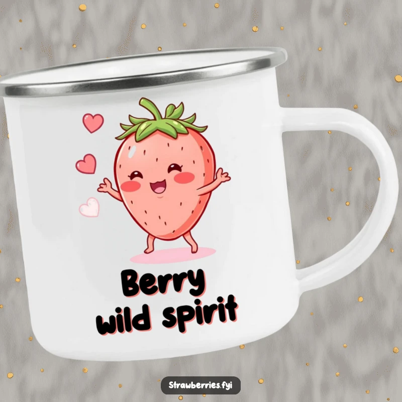 Funny Strawberry Shimmy Camping Mug: A happy strawberry doing a funny dance, designed for fruity fun outdoors.