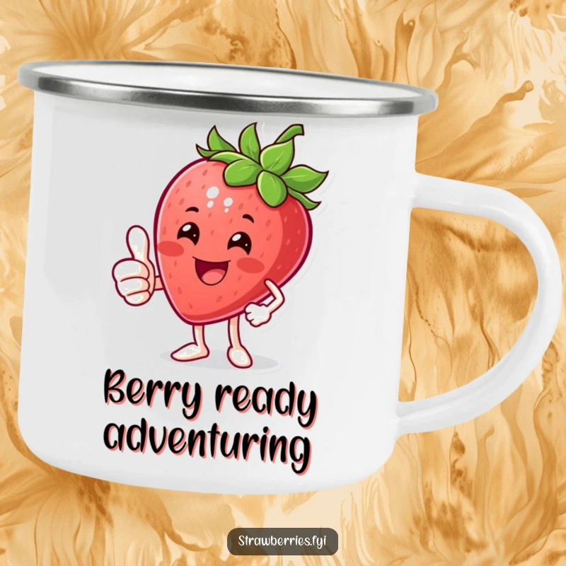 Funny Thumbs Up Strawberry Camping Mug: A happy strawberry giving a thumbs up, designed for positive outdoor enjoyment.