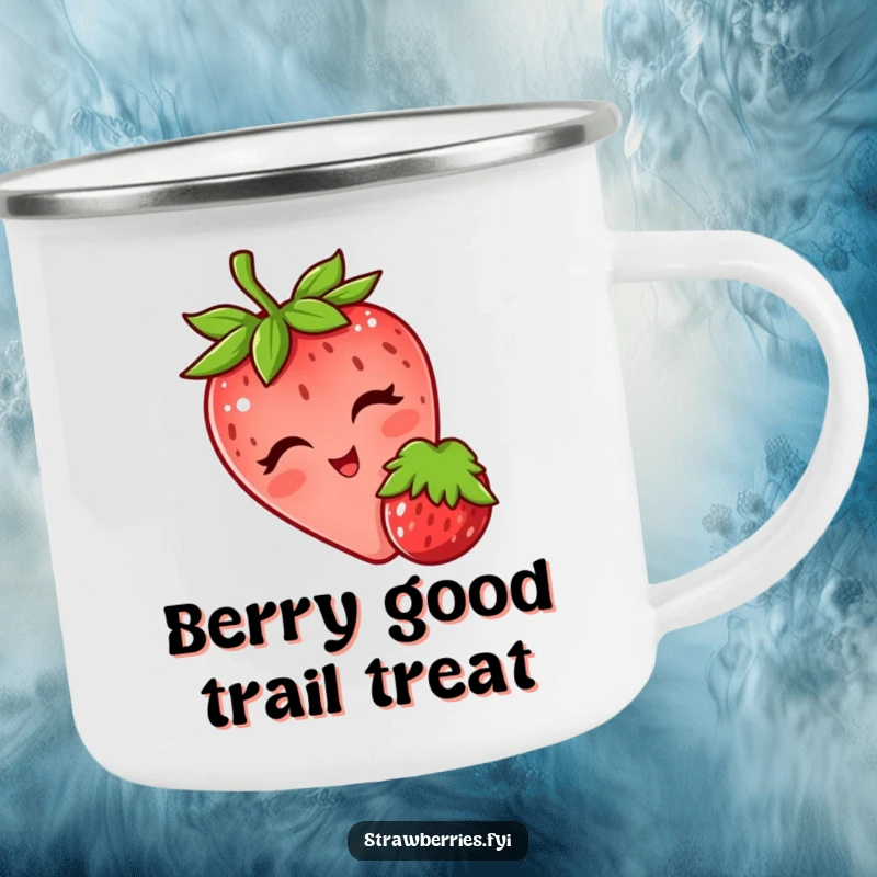 Funny camping mug with a winking strawberry playfully nudging a berry, perfect for enjoying drinks outdoors with a flirty, fruity vibe.