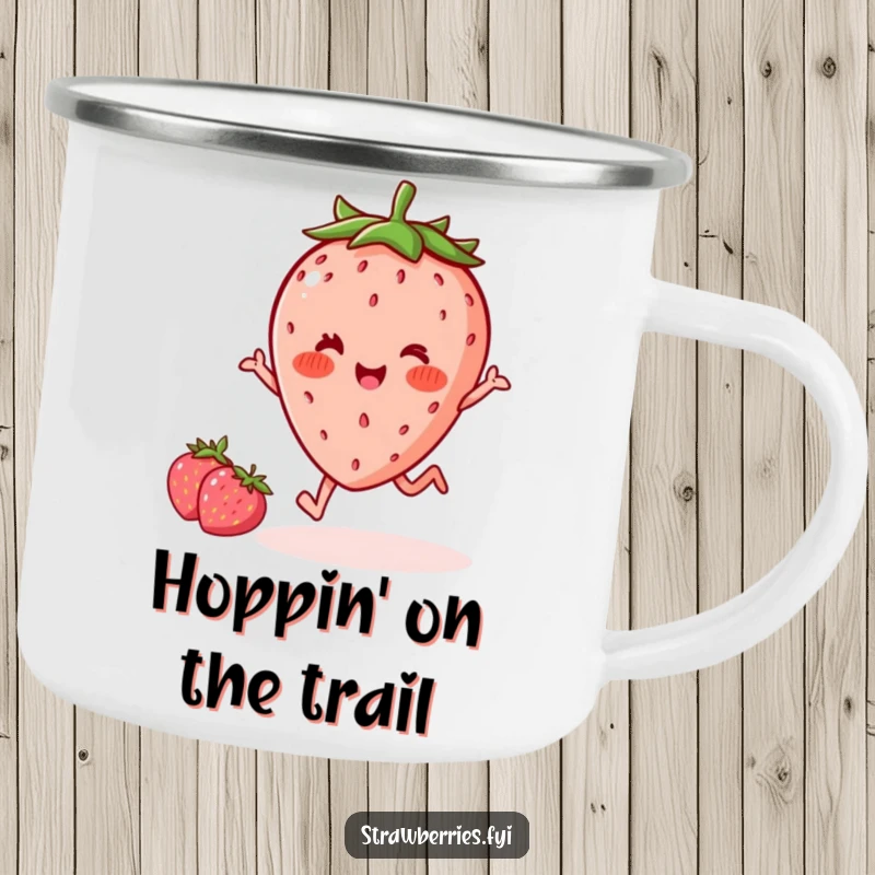 Funny delighted kawaii strawberry with rosy cheeks doing a hop on a rugged camping mug, built for outdoor fun and humorous refreshment.