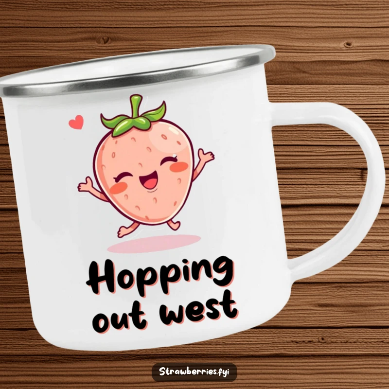 Funny Kawaii strawberry character hopping with a wink on a rustic camping mug, great for outdoors.