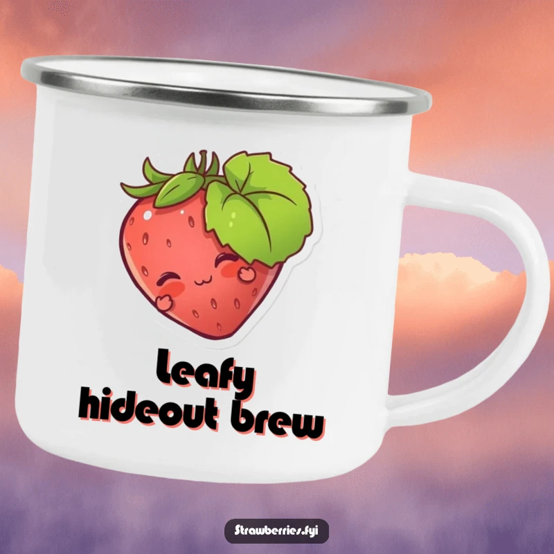 Funny camping mug: A strawberry character playfully hiding behind a leaf, perfect for outdoor enjoyment and humorous surprises.