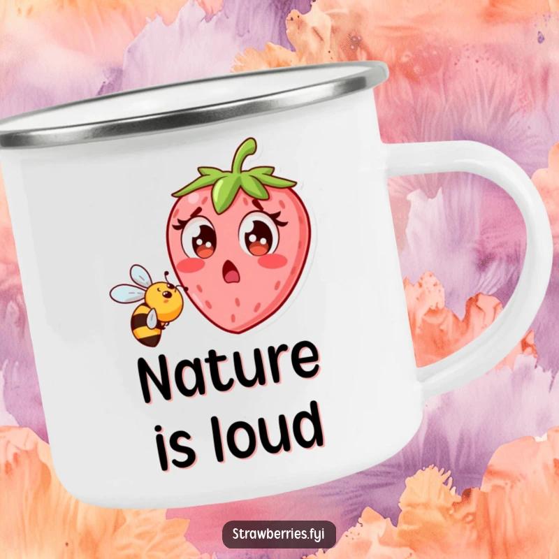 Funny strawberry character recoiling from a bee, enamel camping mug, durable and humorous outdoor accessory.