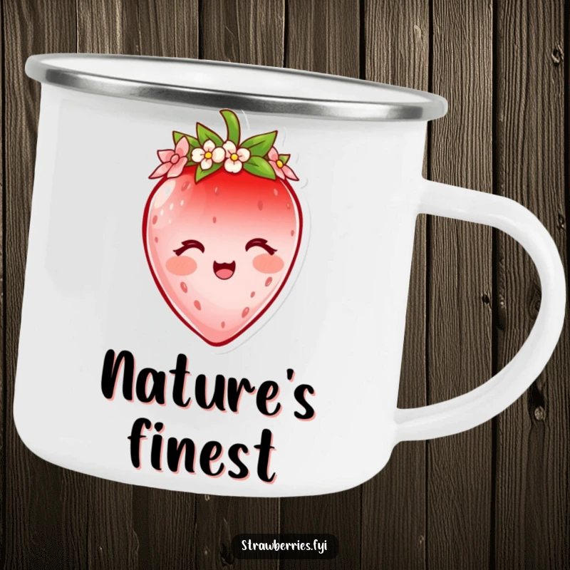 Funny strawberry camping mug with a delighted character wearing a flower petal crown, perfect for outdoor beverages with royal humor.