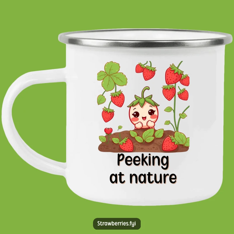 Funny Curious Strawberry Camping Mug: Peek into Your Outdoor Brew!