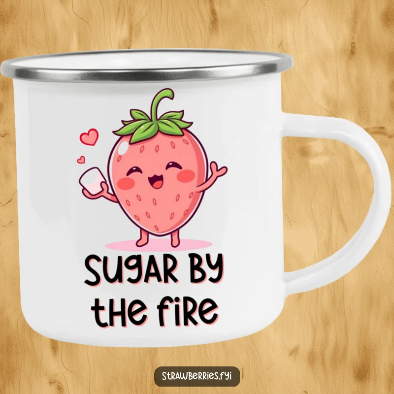 Funny camping mug with a giggling strawberry character juggling a sugar cube, perfect for enjoying drinks outdoors with a touch of sweet humor.