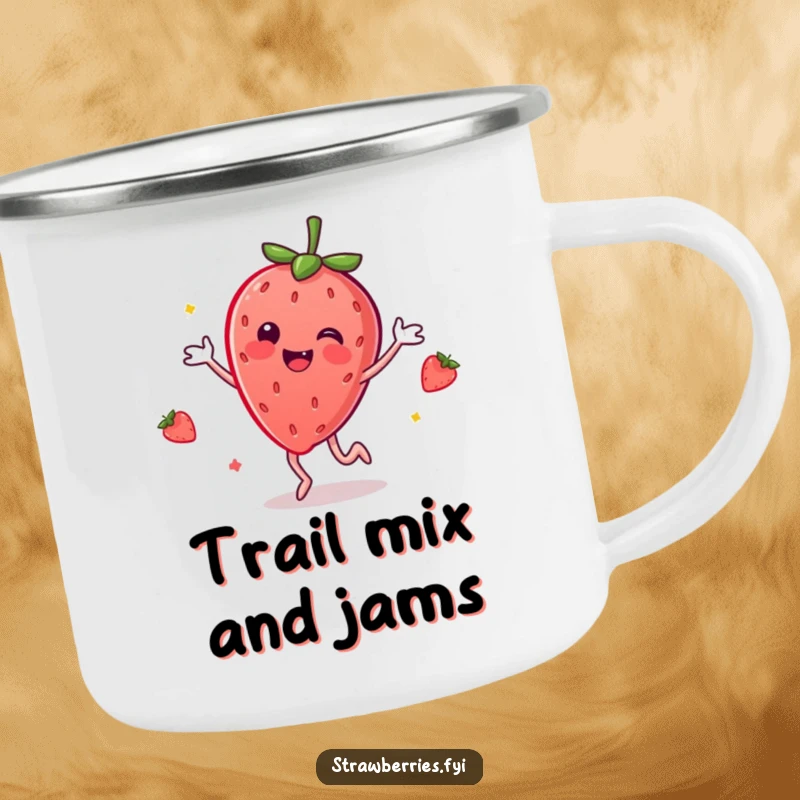 Funny camping mug featuring a smiling anthropomorphic strawberry dancing happily, ready for outdoor adventures.
