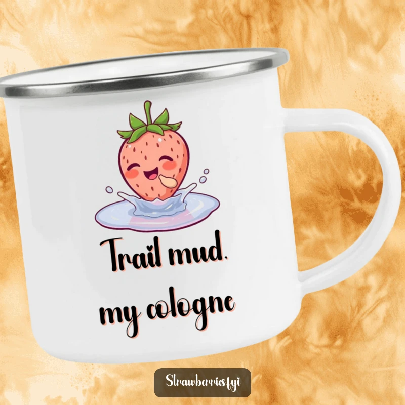 Funny camping mug showing a strawberry character splashing in a tiny puddle, perfect for outdoor enthusiasts who love humor.