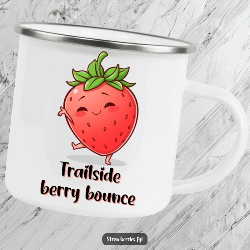 Funny camping mug featuring a wobbly anthropomorphic strawberry hilariously attempting a graceful yoga pose, for humorous outdoor enjoyment.