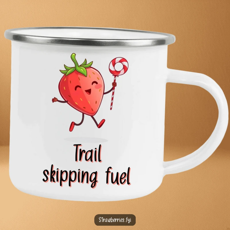 Funny camping mug featuring a strawberry character with tiny legs skipping rope with a licorice string, perfect for outdoor humor and beverages.