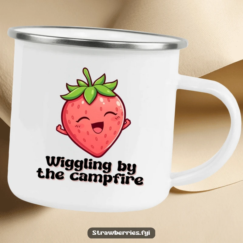 Funny Strawberry Camping Mug featuring a tickled strawberry character wiggling with pure delight, a durable and funny gift.
