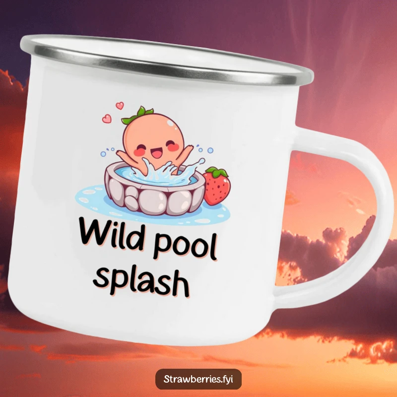 Funny camping mug illustrating a happy strawberry character splashing in a tiny pool, perfect for outdoor excursions and cheerful moments.