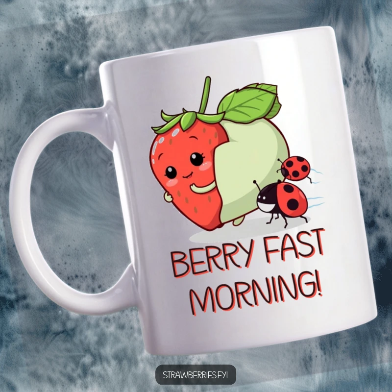 Funny mug depicting a playful strawberry character in a friendly race with a ladybug, a humorous and charming scene.