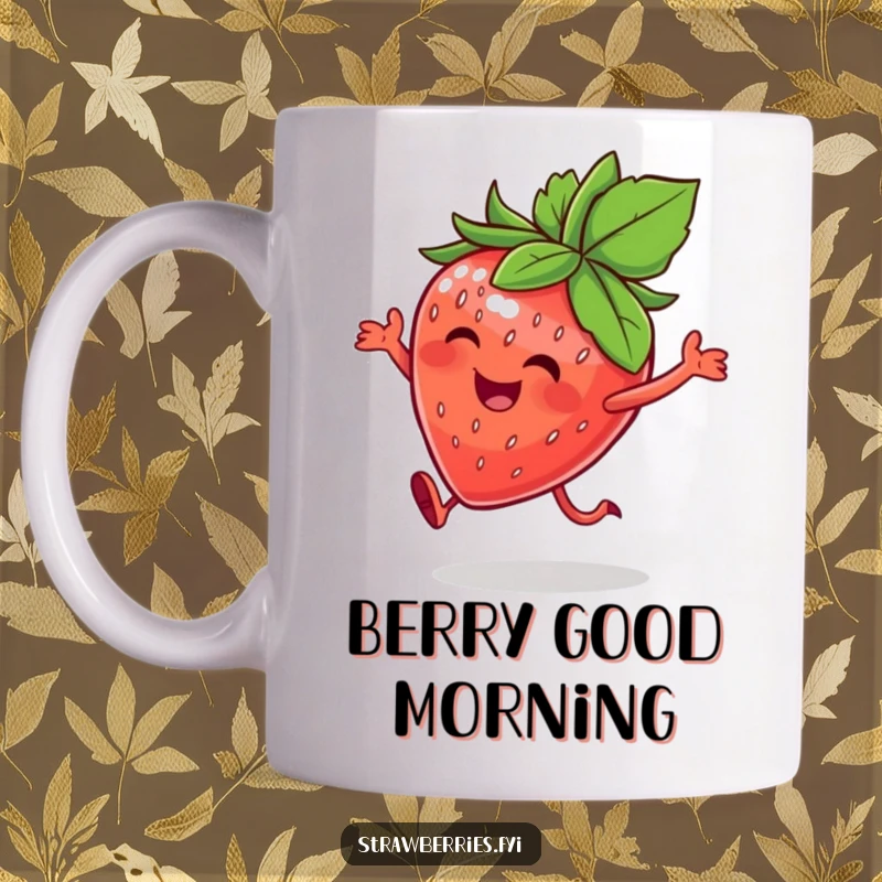 Funny mug showing a happy strawberry character with a leafy crown doing a joyful hop, radiating fruity fun.
