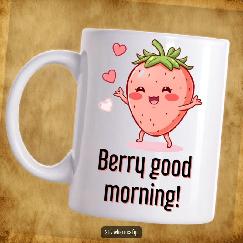 Funny Strawberry Shimmy Mug: A happy, anthropomorphic strawberry joyfully doing a little dance, full of fruity fun.