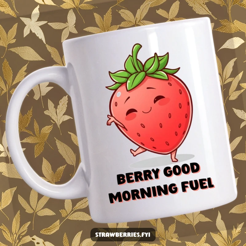 Funny mug with a wobbly anthropomorphic strawberry hilariously failing at a graceful yoga pose, spreading laughter.
