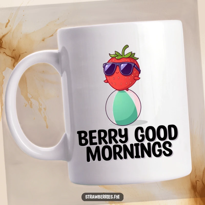 Funny strawberry character wearing tiny sunglasses balancing on a beach ball, showcasing summer coolness for a humorous gift.