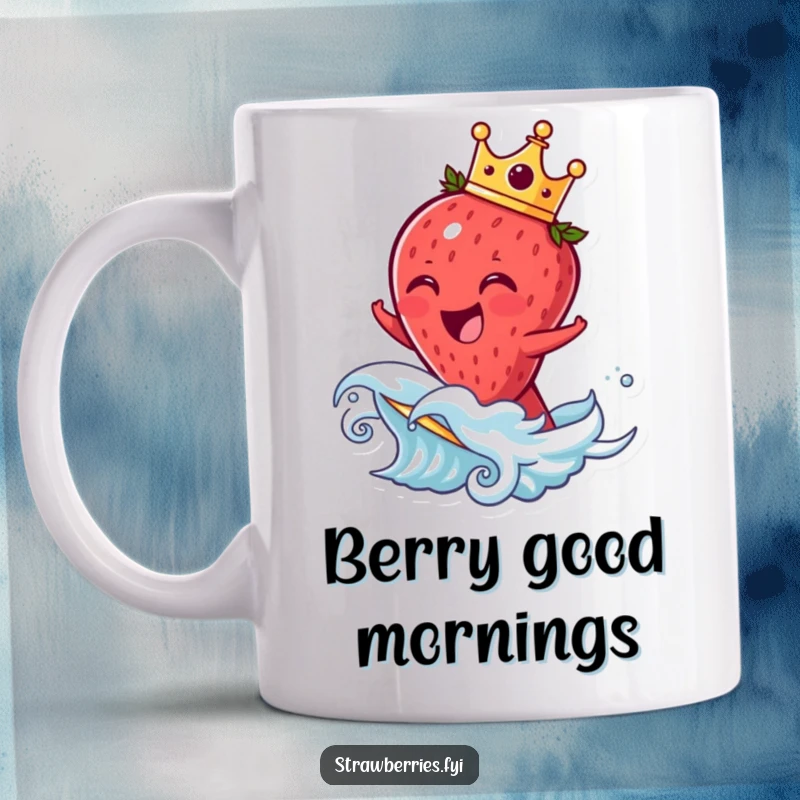 Funny strawberry mug featuring a laughing fruit character wearing a crown, riding a joyful fruit wave, promoting happiness.