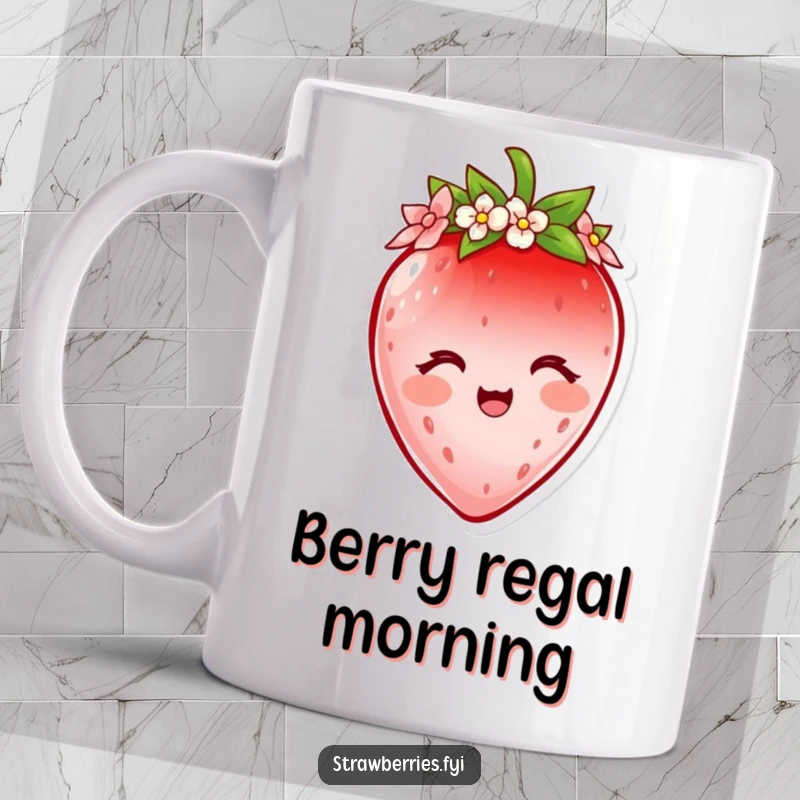 Funny strawberry character mug wearing a delicate crown of flower petals, looking delighted, perfect for a sweet and cheerful start.