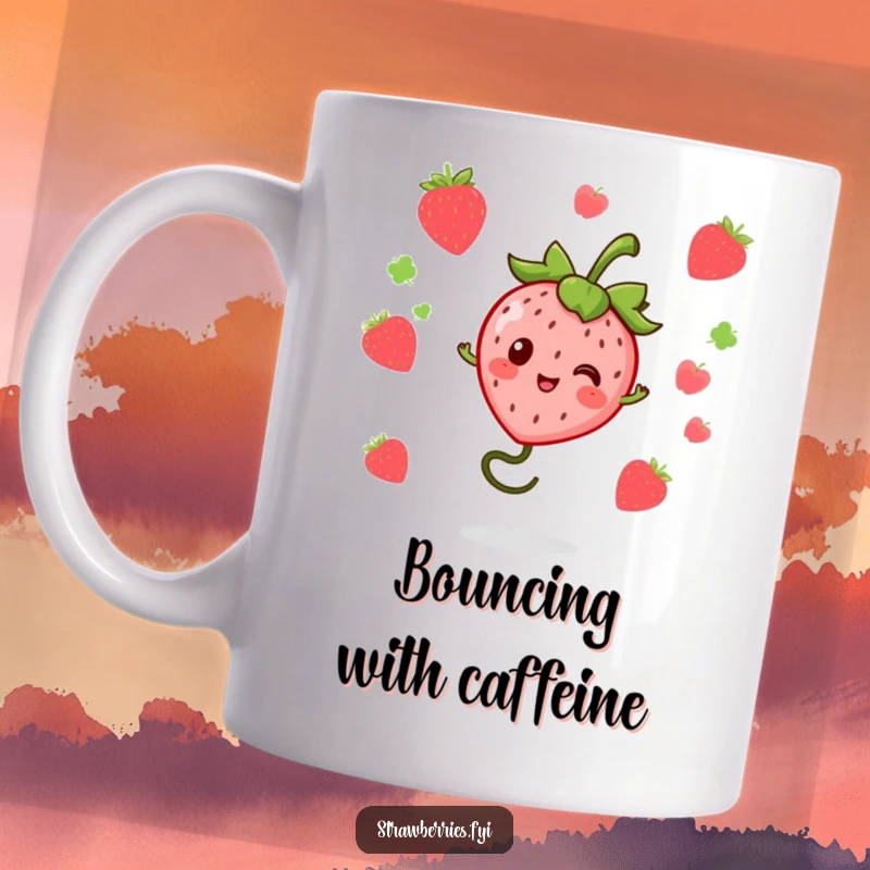 Funny kawaii strawberry character energetically bouncing on a springy stem, printed on a delightful coffee mug.