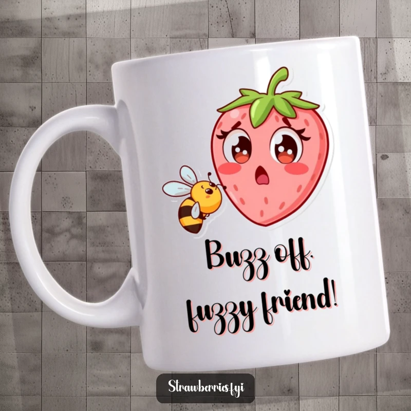 Funny strawberry character with wide eyes recoiling from a buzzing bee, ceramic mug for a humorous kitchen gift.