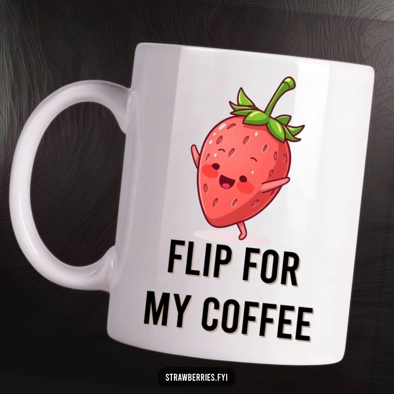 Funny mug showcasing a happy anthropomorphic strawberry performing a lively cartwheel with a bright smile.