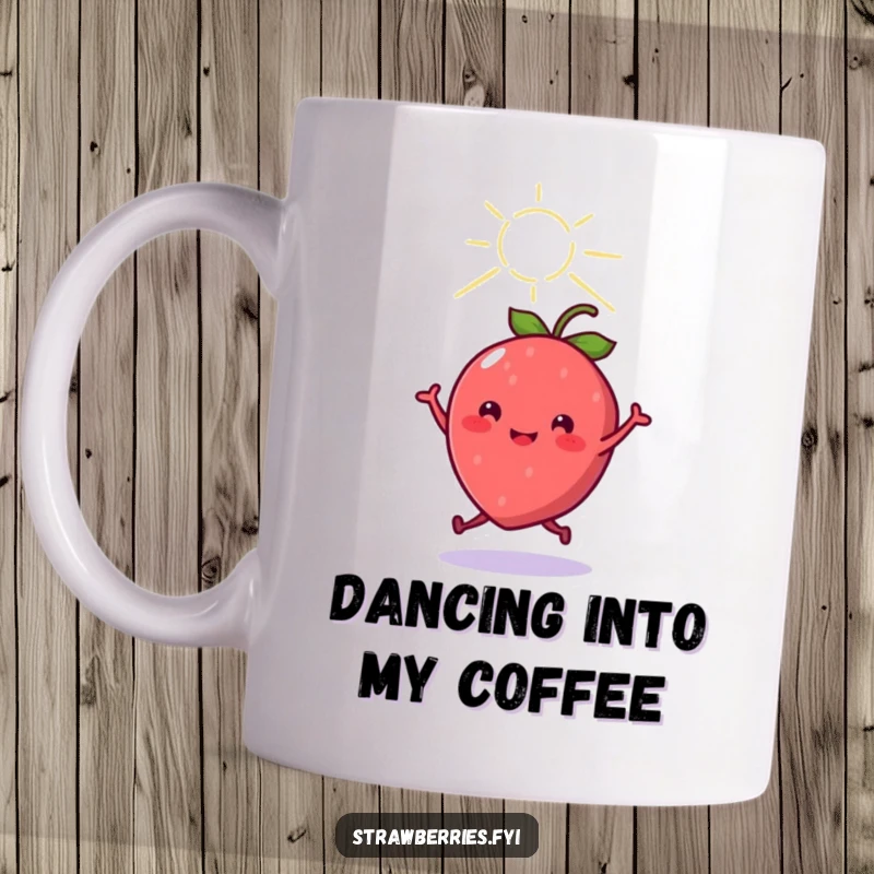 Funny cheerful kawaii strawberry character joyfully dancing under a bright sunbeam, printed on a delightful coffee mug.