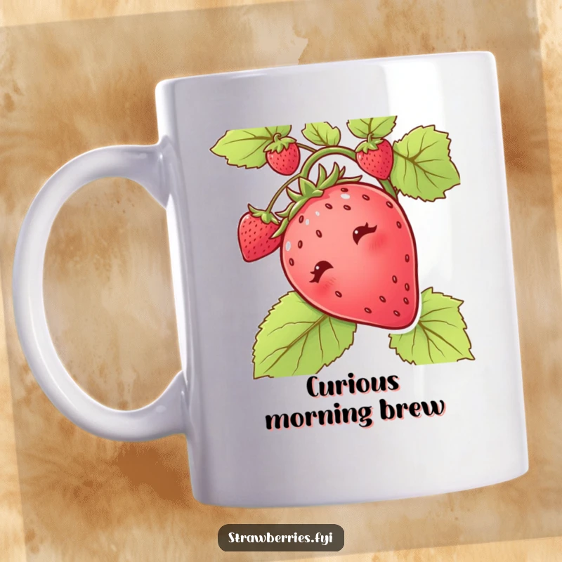 Funny mug featuring a curious strawberry with a mischievous glint in its eyes, peeking out from a green vine.