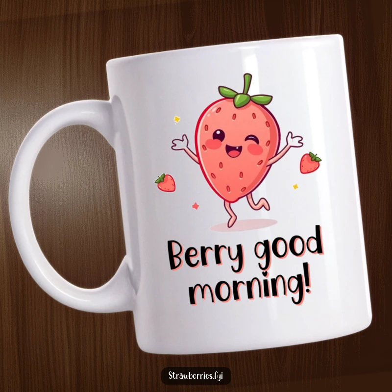 Funny mug featuring a smiling anthropomorphic strawberry joyfully dancing with its arms in the air.