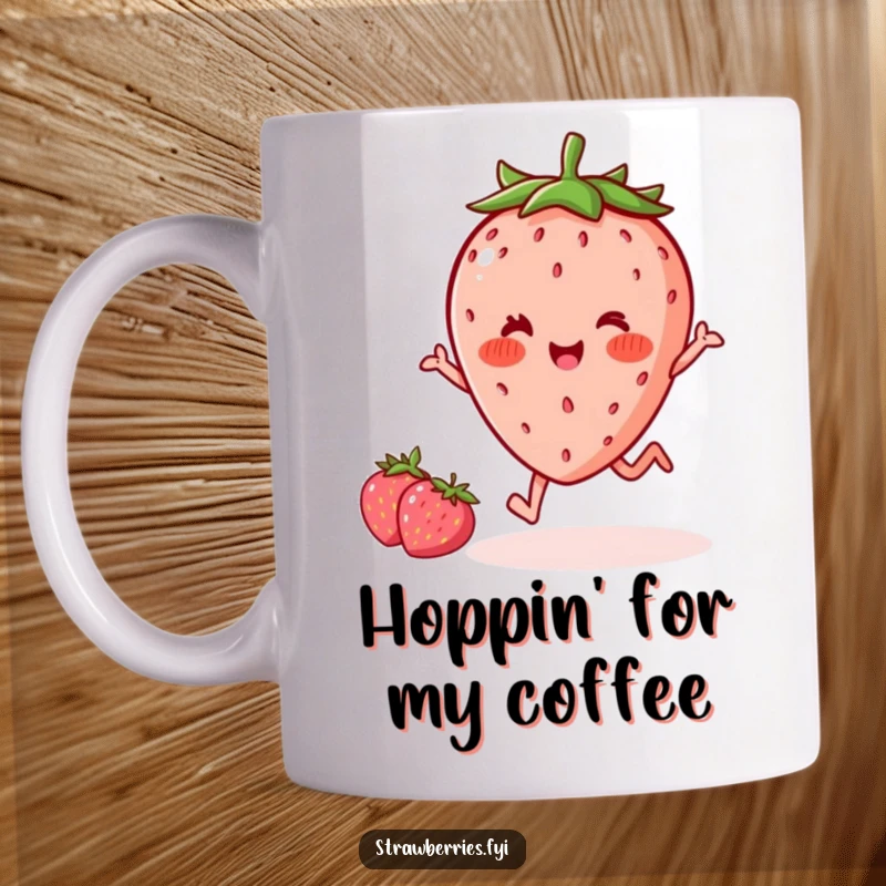 Funny delighted kawaii strawberry character with rosy cheeks doing a little hop on a charming coffee mug.