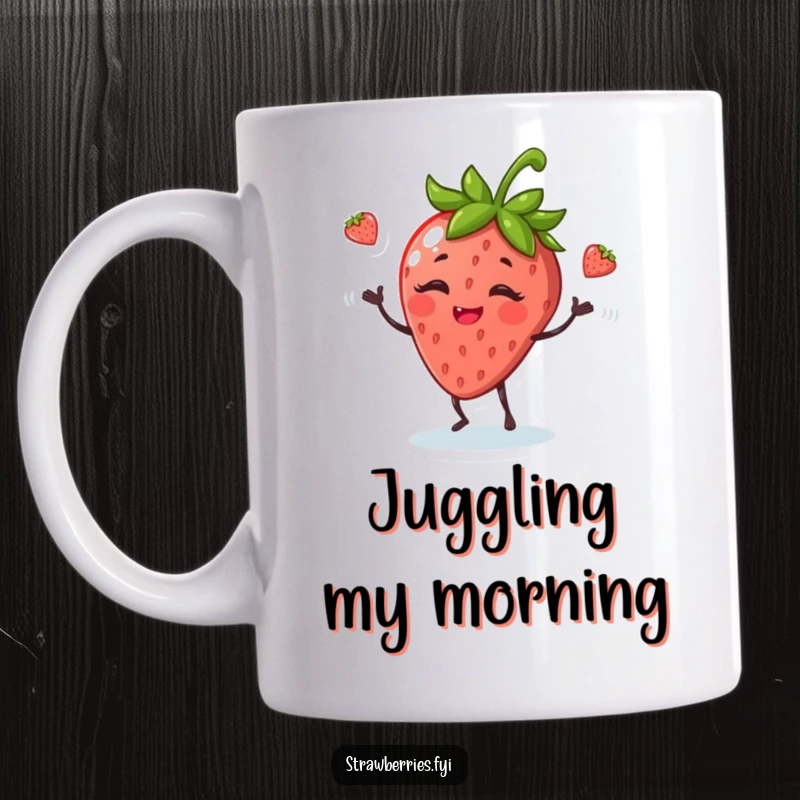 Funny mug featuring a giggling anthropomorphic strawberry skillfully juggling small green leaves with a happy expression.