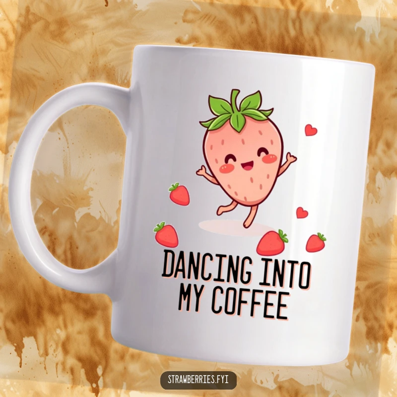 Funny mug featuring a happy Kawaii strawberry character doing a lively dance amidst colorful leaves, radiating cheer.
