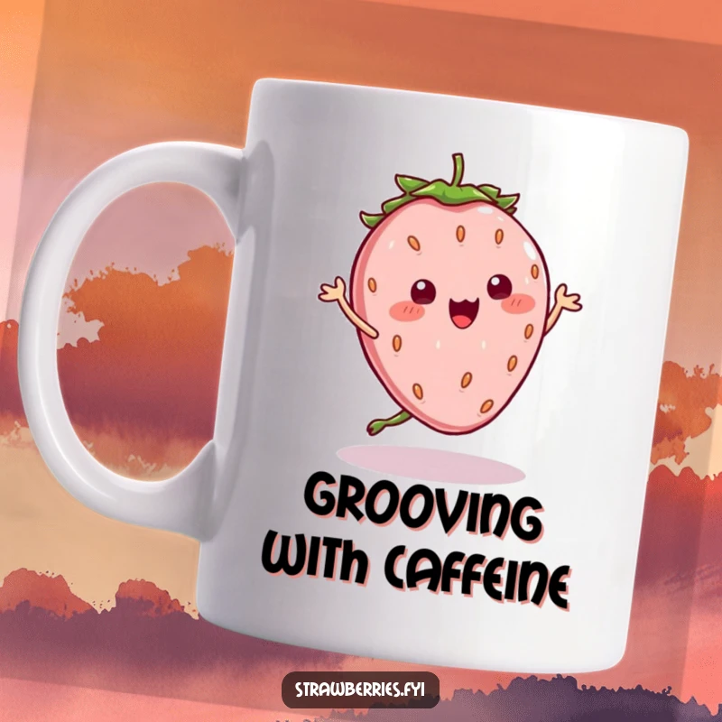 Funny Mug: Kawaii strawberry character doing a silly dance, seeds wobbling humorously, radiating pure uninhibited fun.