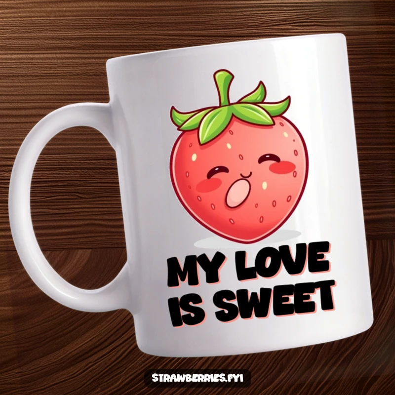 Funny Kawaii Strawberry Mug with a happy character puckering lips to give a tiny, sweet kiss, perfect for gifting.