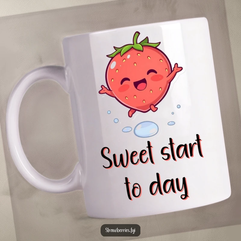 Funny mug featuring a joyous kawaii strawberry character leaping playfully over a sparkling dewdrop.