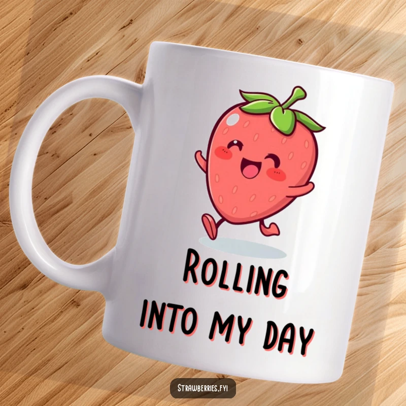 Funny Kawaii strawberry character rolling with glee on a mug, radiating pure happiness and fun.